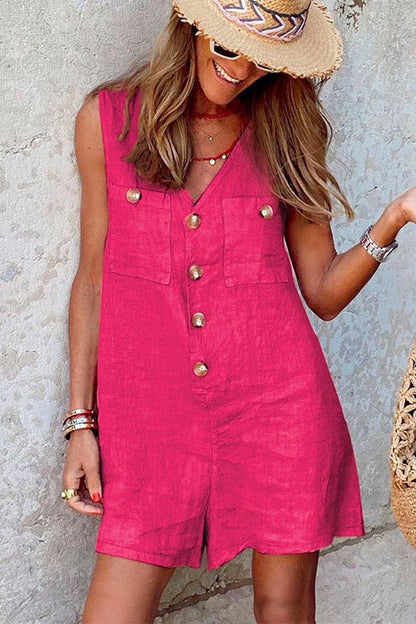 V Neck Buttons Wide Leg Tank Romper HotPink