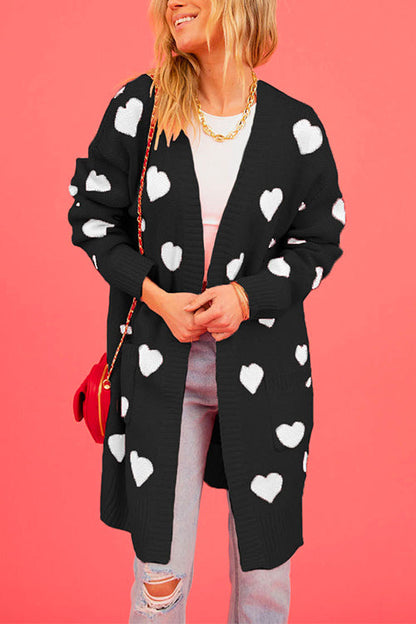 Open Front Pocketed Valentines Date Heart Print Cardigan Black