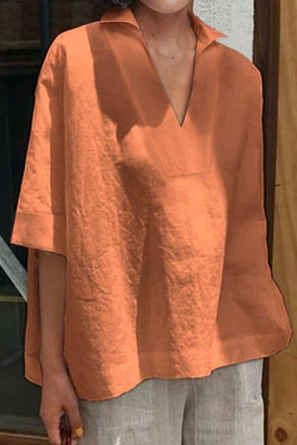 Lapel V Neck Half Sleeve Solid Cotton Linen Shirt Orange