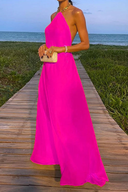 Rosiedress Chain Halter Open Back Maxi Swing Dress HotPink