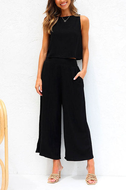 Rosiedress Buttons Tank Top and Pockets Wide Leg Crop Pants Set Black