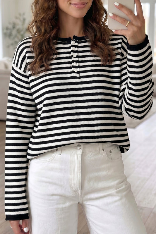 Green Stripe Striped Button Placket Drop Shoulder Long Sleeve Sweater