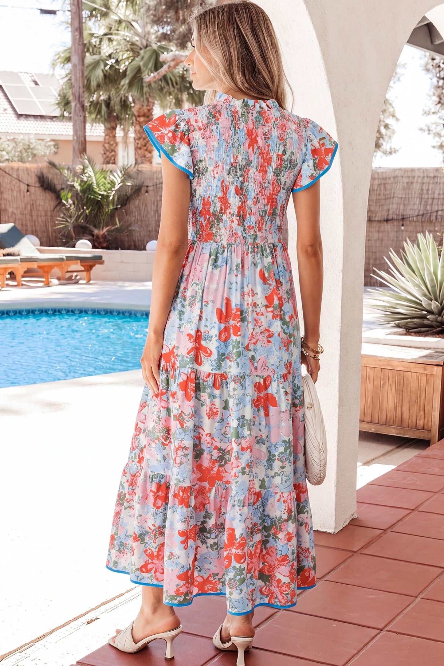 Apricot Floral Print V Neck Contrast Trim Flutter Sleeve Maxi Dress