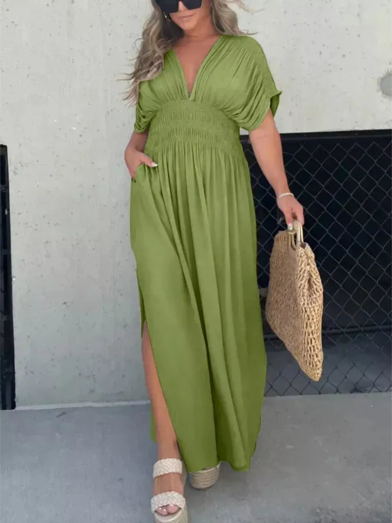 Full Size Slit V-Neck Smocked Waist Maxi Dress Plus Size