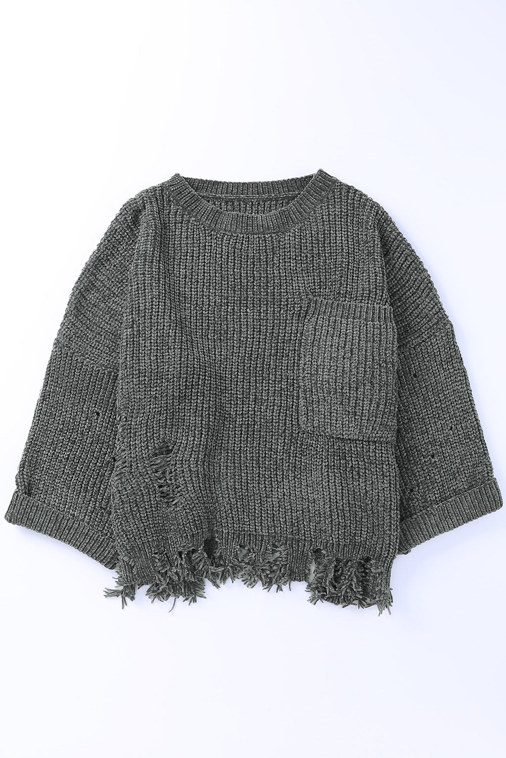 Blue Zone Planet | Distressed Round Neck Drop Shoulder Sweater