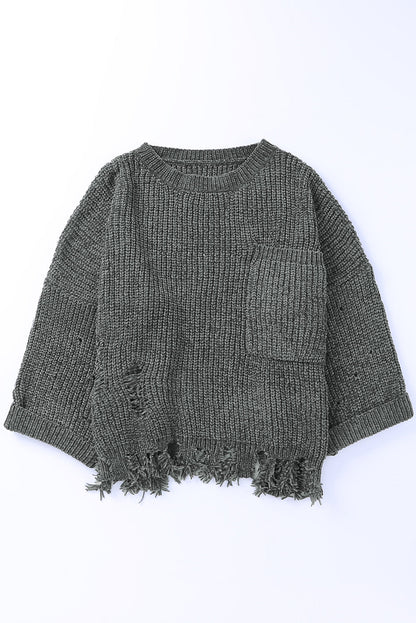 Blue Zone Planet | Distressed Round Neck Drop Shoulder Sweater