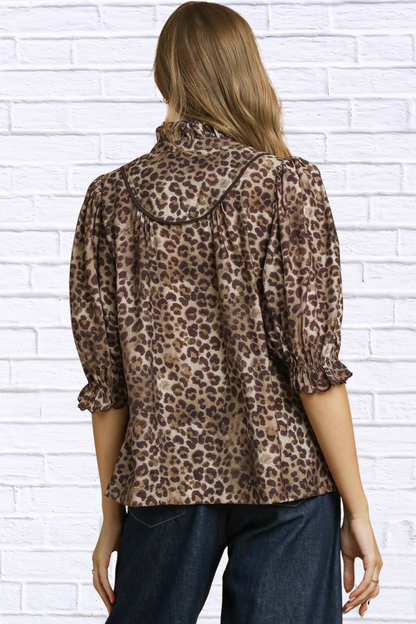 Leopard Print Ruffle Neck Blouse