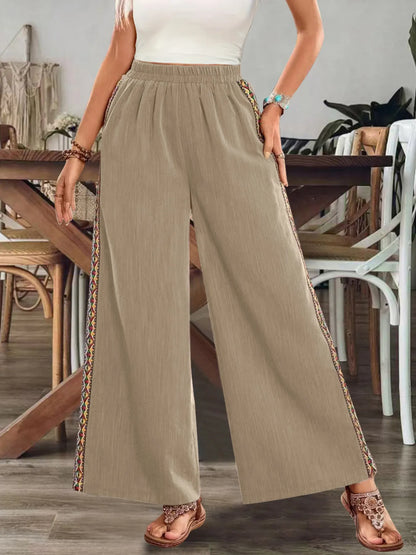 Bohemian Wide Leg Embroidered Side Stripe Pants