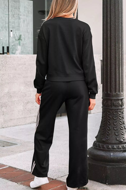Striped Detail Crewneck Pullover Elastic Sweatpants 2pcs Outfit