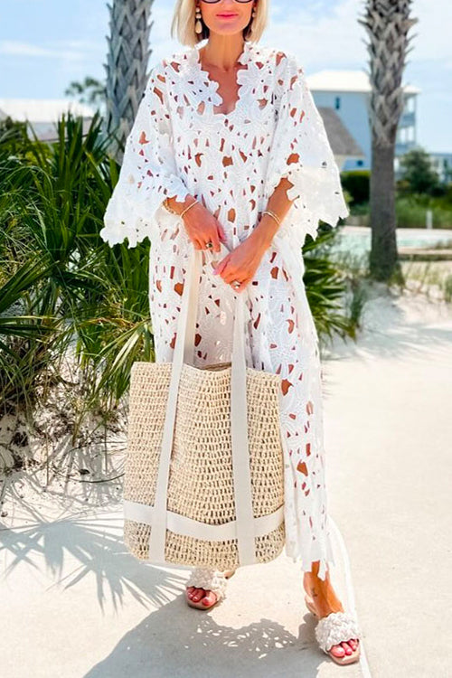 V Neck Hollow Out Eyelet Lace Beach Cover Up Dress White OneSize