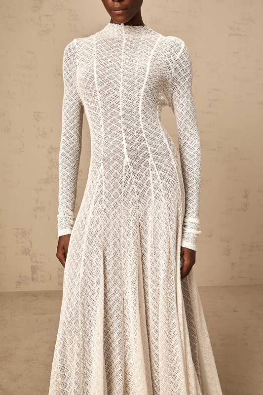 Athena wavy-pattern lace maxi dress in White