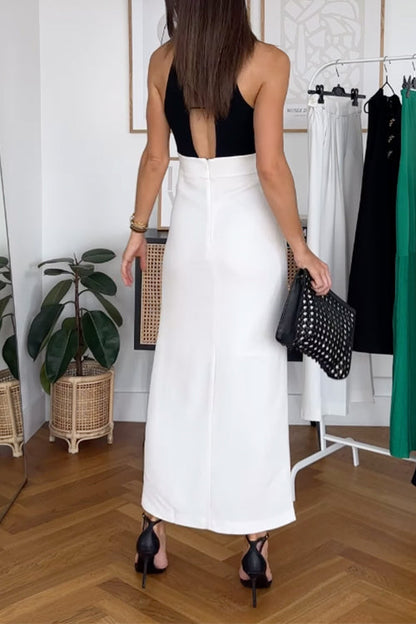 Deep V Neck Open Back Color Block Slit Maxi Cami Dress