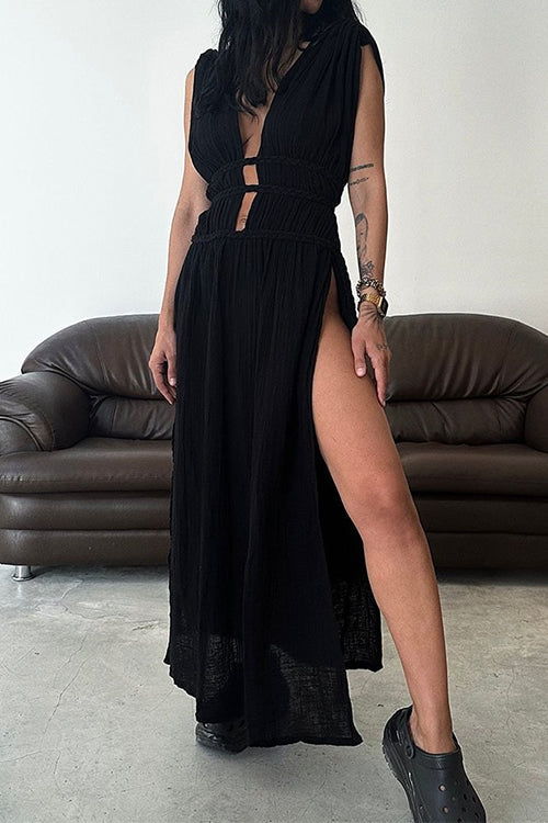 Rosiedress Deep V Neck Cut Out High Slit Cotton Linen Maxi Beach Dress Black OneSize