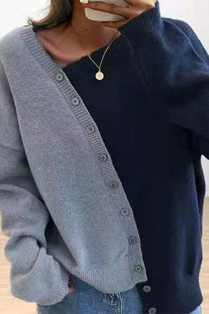Asymmetric Button Down Color Block Sweater One Size Dark Blue