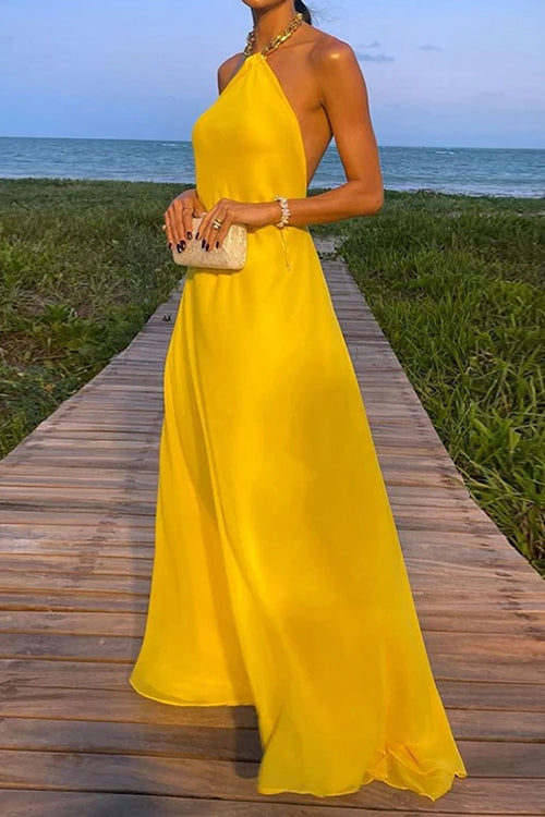 Rosiedress Chain Halter Open Back Maxi Swing Dress Yellow