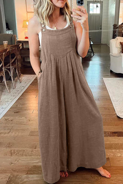Buttons Pockets Wide Leg Palazzo Overalls Brown