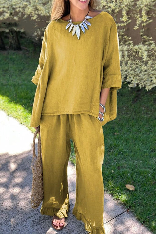 Cotton Linen 3/4 Sleeves Pullover Top Wide Leg Ruffle Hem Pants Set Yellow