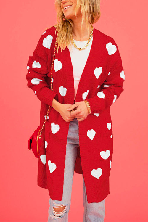 Rosiedress Open Front Pocketed Valentines Date Heart Print Cardigan Red