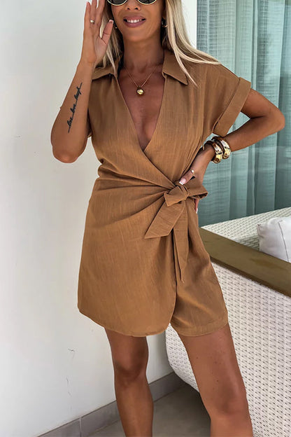 Rosiedress Wrap V Neck Tie Knot Shorts Romper Camel