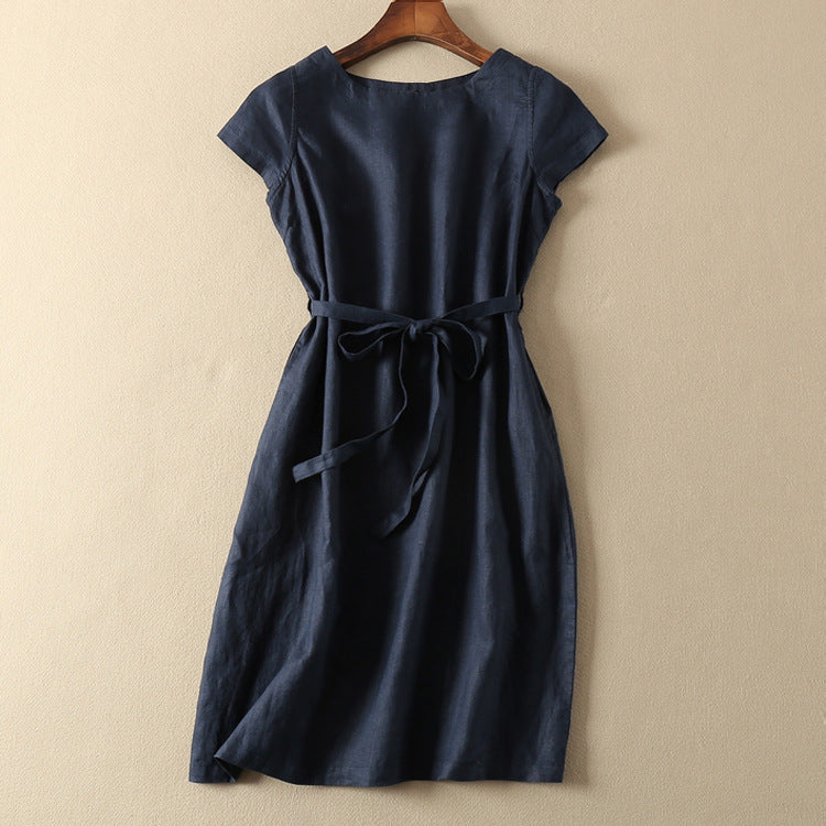 Summer solid color cotton and linen tie dress