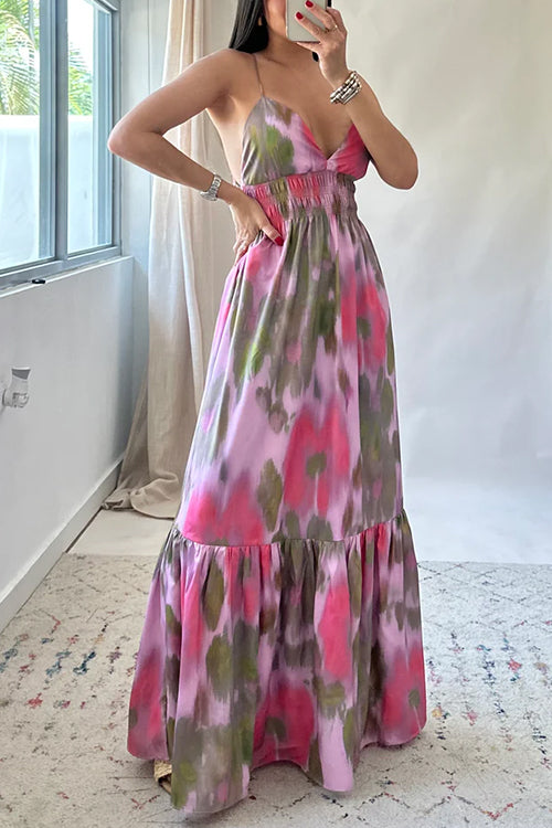 Rosiedress V Neck Open Back High Waist Tie Dye Maxi Vacation Dress