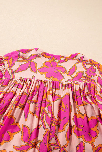 Anne's Pink Floral Print Batwing Sleeve Buttoned Loose Fit Shirt