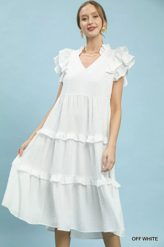 Umgee Textured Ruffle Sleeve Tiered Midi Dress