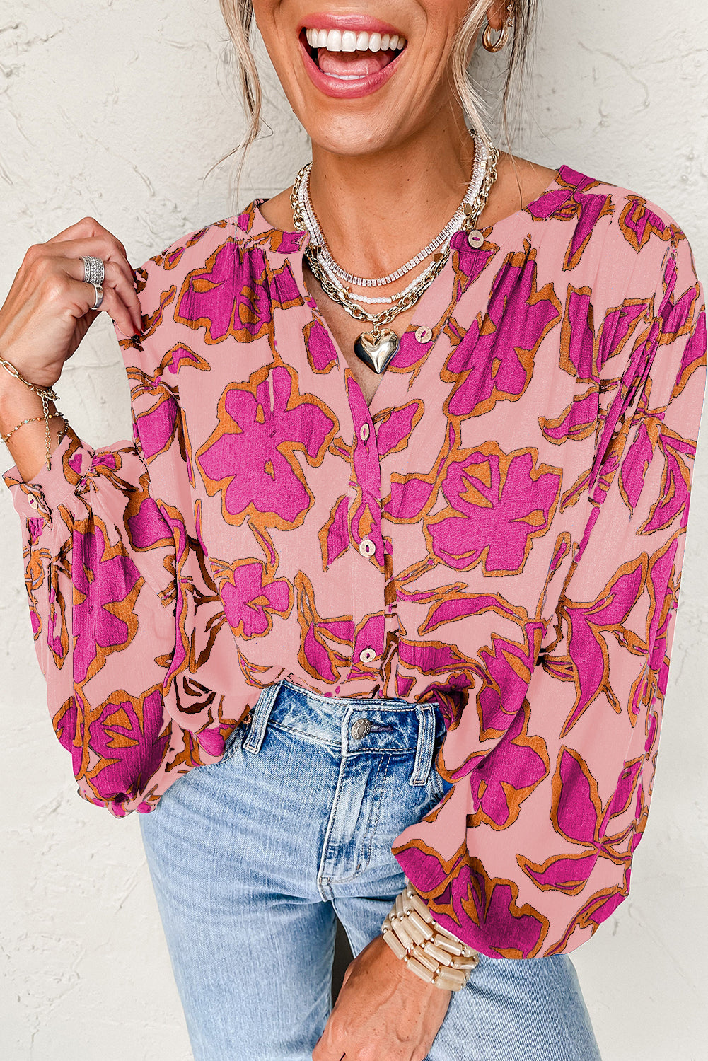 Anne's Pink Floral Print Batwing Sleeve Buttoned Loose Fit Shirt