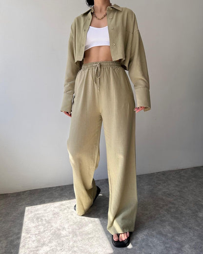 Solid Color Long Sleeves Shirt & Drawstring Pants Suit