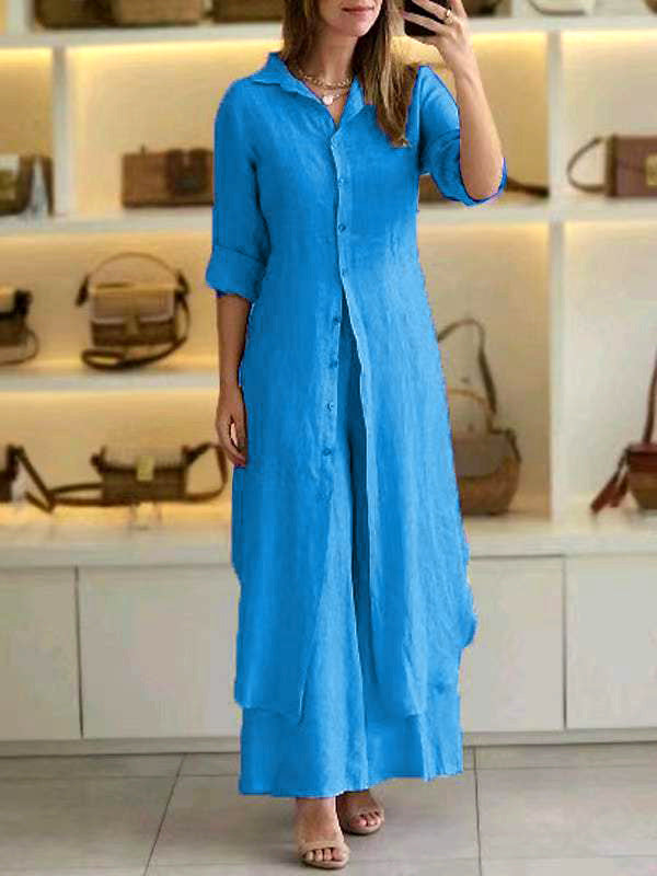 Cotton Linen Waist Long Shirt & Wide Leg Pants Two-Piece Set