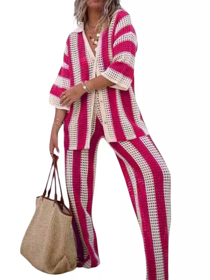Striped Crochet Knit Shirt and Pants Set