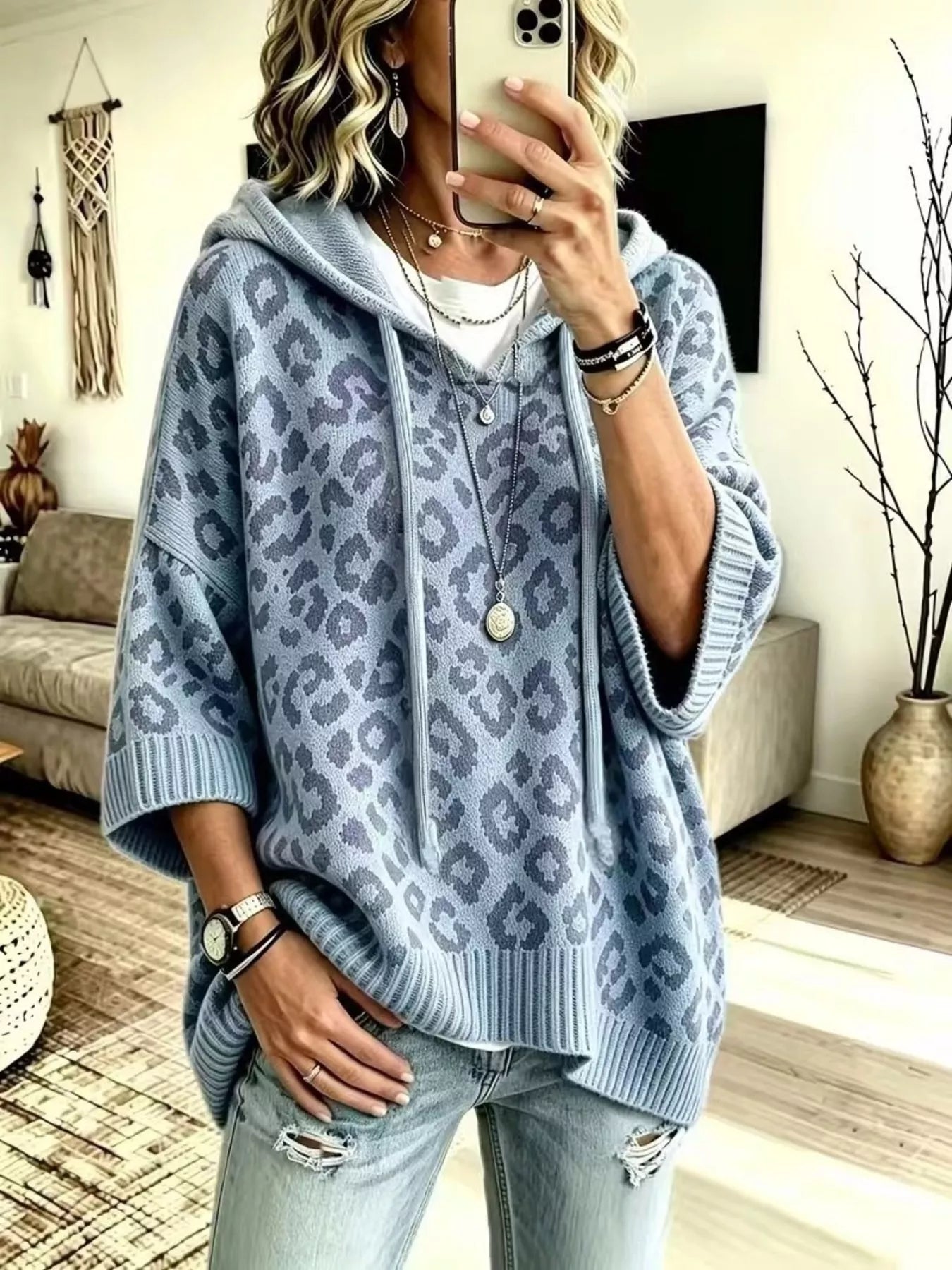 Women's Leopard Print Drawstring Hooded Sweater