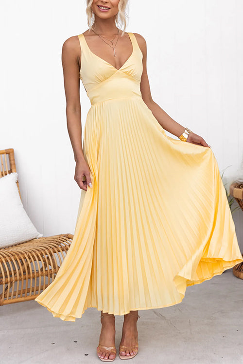 V Neck Backless Cut Out Pleated Maxi Cami Dress