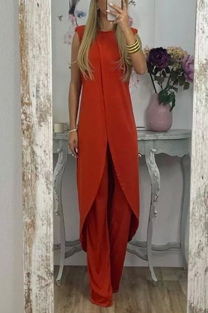 Chic Tulip Hem Sleeveless Long Top Wide Leg Pants Set Red