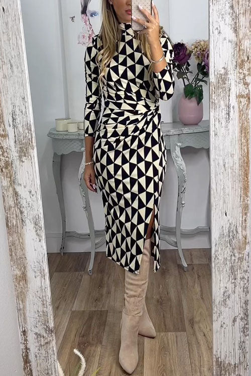 Mockneck Ruched Slit Geo Print Midi Dress White