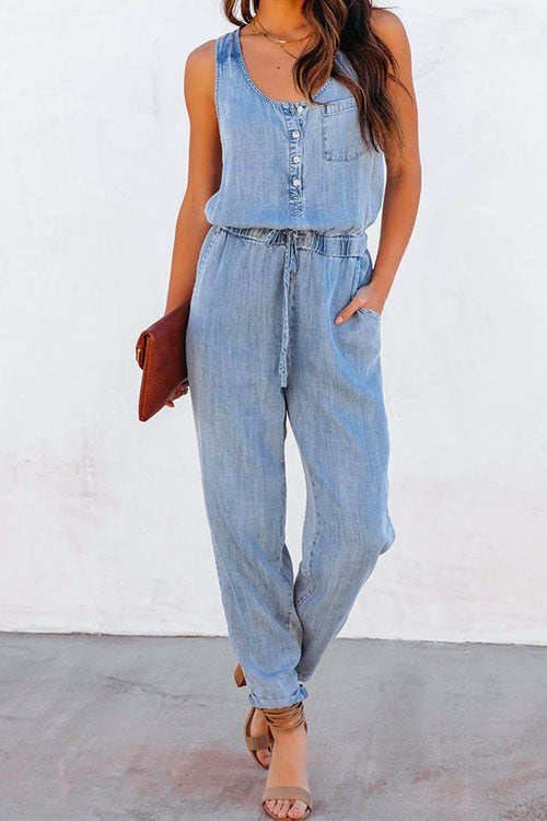 Rosiedress Drawstring Waist Distressed Denim Tank Jumpsuit LightBlue