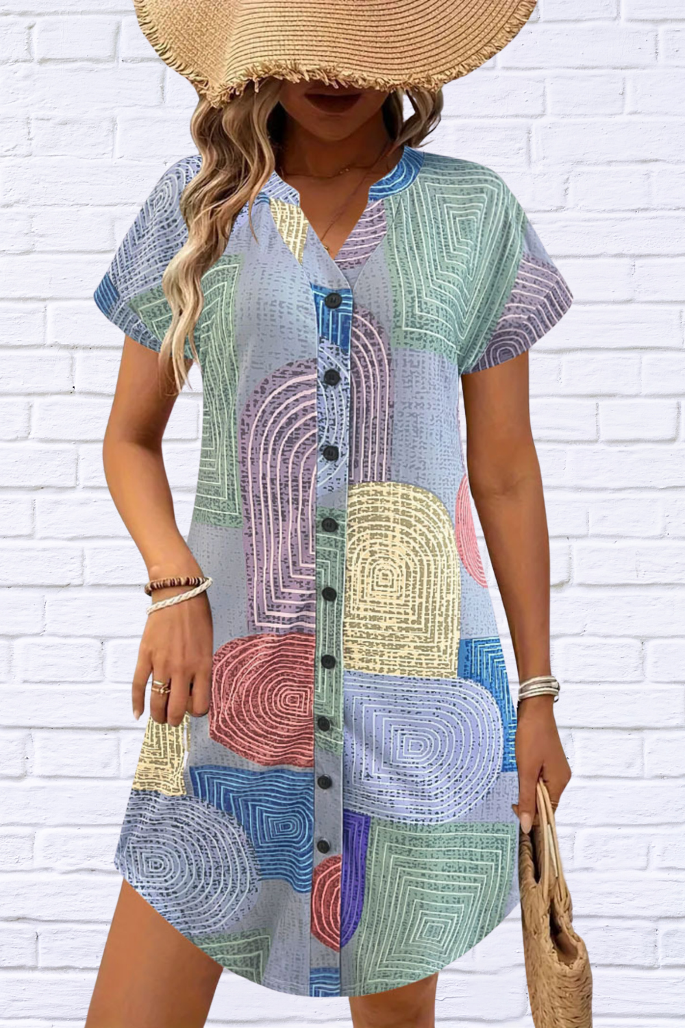 Geometric V-Neck Short Sleeve Button-Front Dress