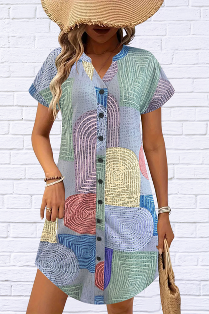 Geometric V-Neck Short Sleeve Button-Front Dress