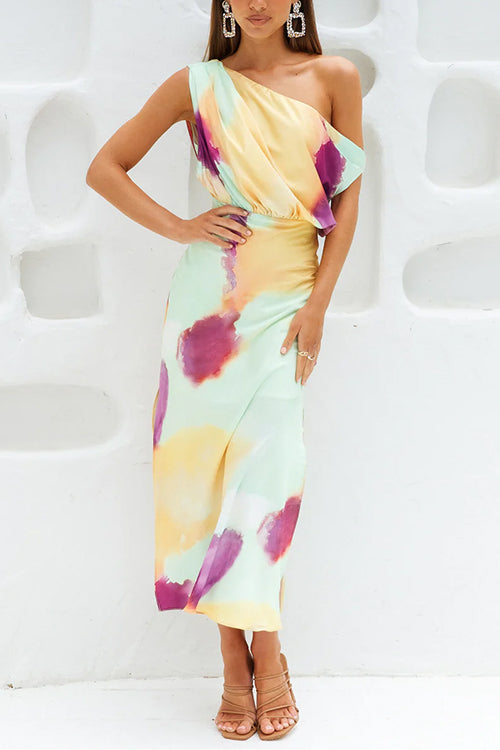 Asymmetric Shoulder Waisted Tie Dye Slit Maxi Dress Tie Dye