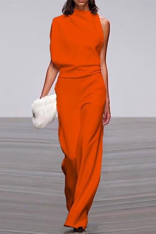 One Shoulder Waisted Wide Leg Jumpsuit Orange