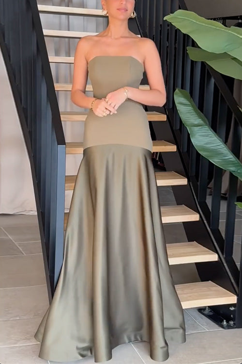 Strapless Patchwork Flare Gown Maxi Party Dress ArmyGreen