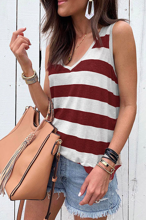 V Neck Striped Tank Top Red