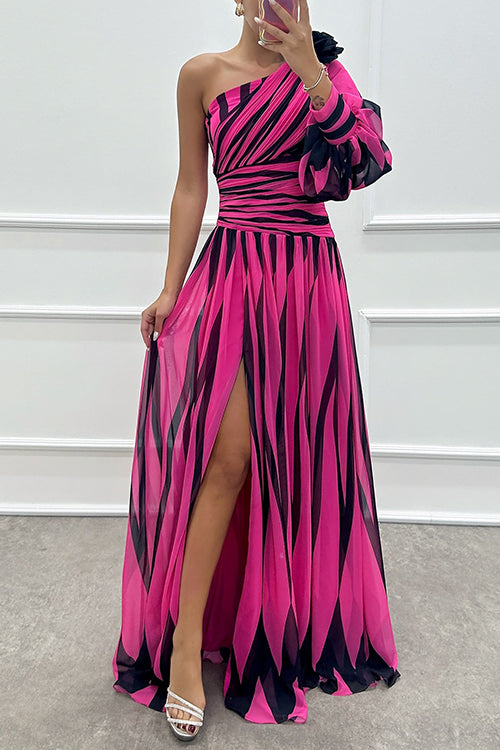 Rosiedress One Shoulder Waisted Slit Printed Maxi Dress