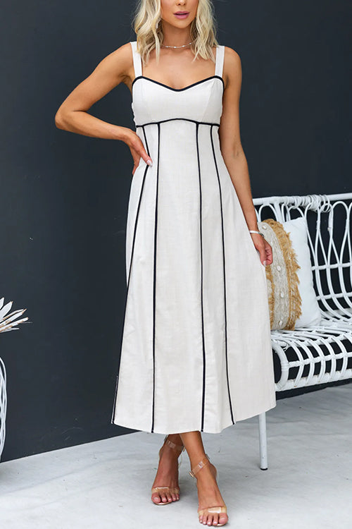 Adjustable Strap High Waist Color Block A-line Midi Dress White