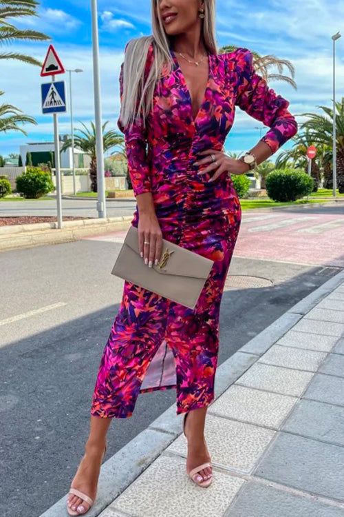 Deep V Neck Long Sleeve Ruched Slit Printed Bodycon Dress Red