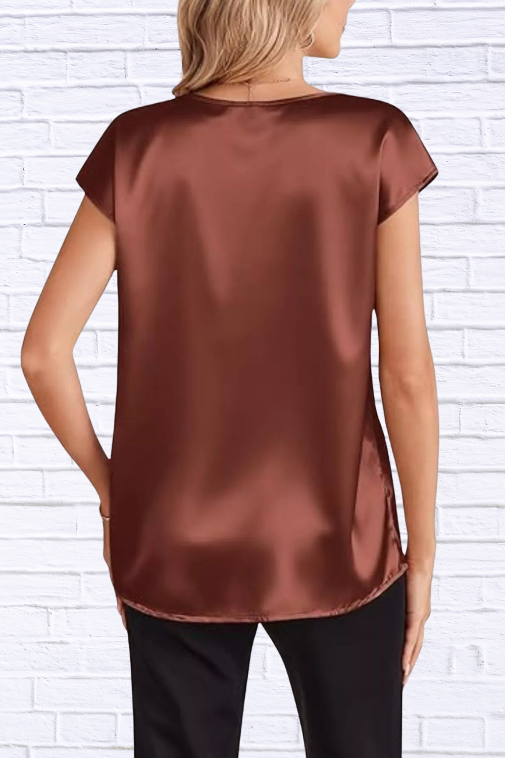 Satin V-Neck Short Sleeve Blouse