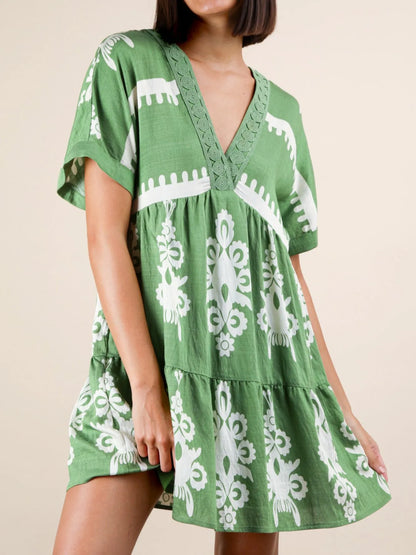 Printed V-Neck Short Sleeve Mini Dress