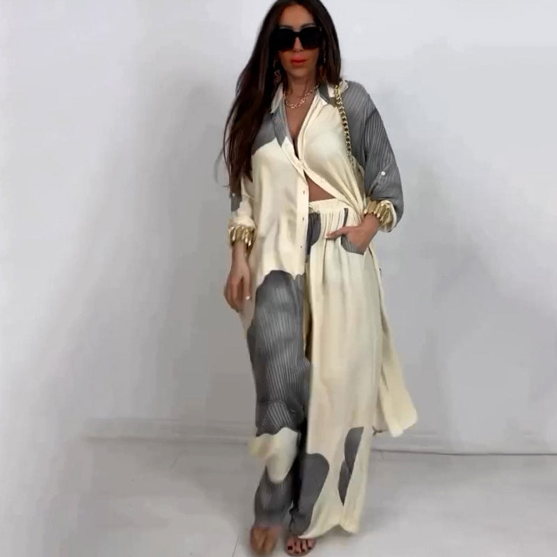 Ensemble deux pièces haut mi-long imprimé et pantalon large