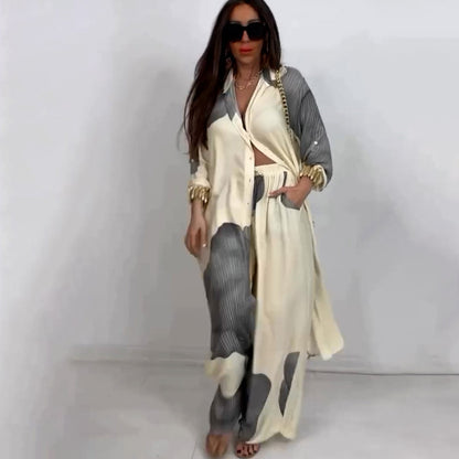 Ensemble deux pièces haut mi-long imprimé et pantalon large