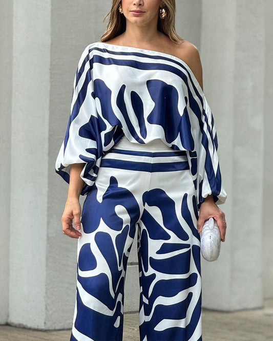 Fashionable Two-Piece Shoulder Loose Top & Pants Print Set